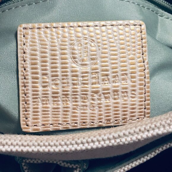 COLE HAAN Amanda Canvas Tan Gold Lizard Embossed Leather Bag Adjustable Strap - Picture 5 of 5